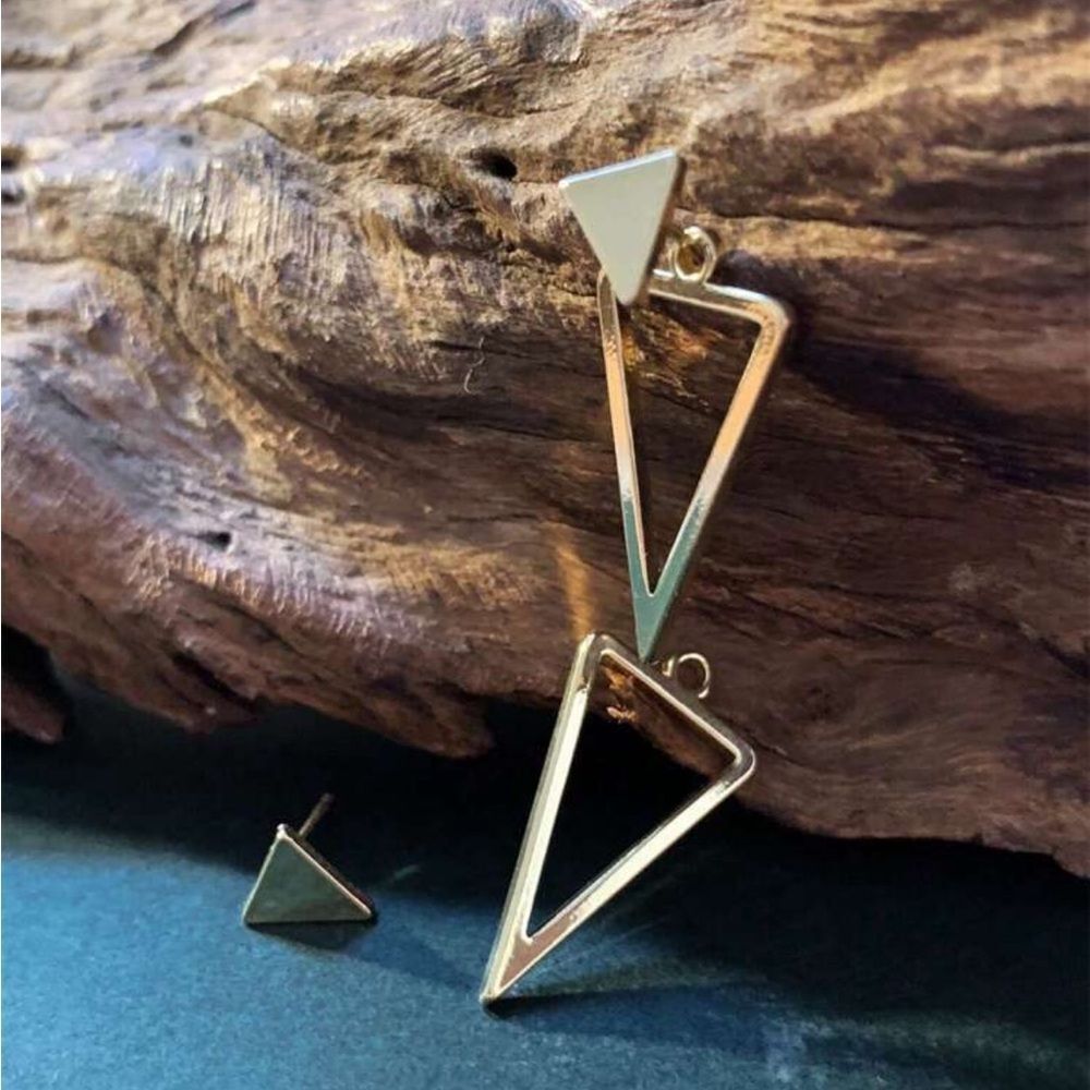 Gold Triangle Drop Earrings R76 - Picture 2 of 2